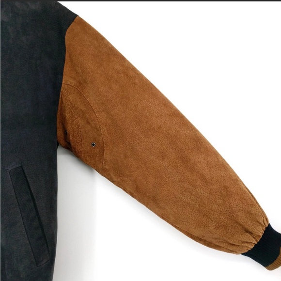 Vintage Stratojac Suede Leather Two-Tone Bomber Jacket Paneled Black Tan Men's M - Picture 5 of 8